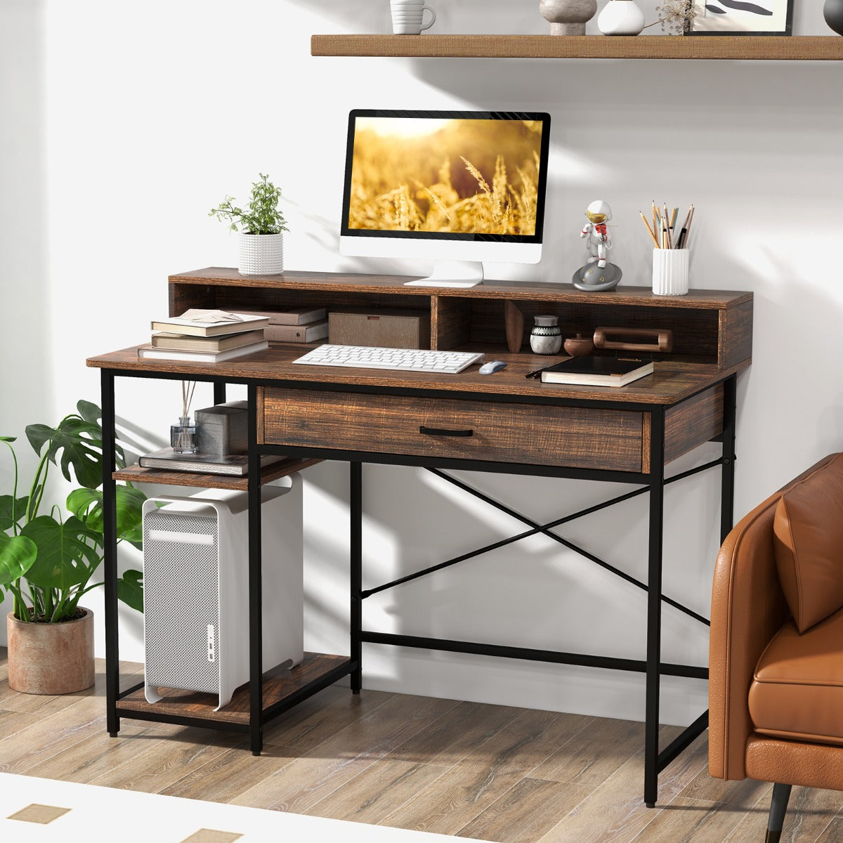 Bureau Ordinateur, Bureau Informatique, Bureau Moderne, Table de Bureau, Poste de Travail, Marron, Costway, 2