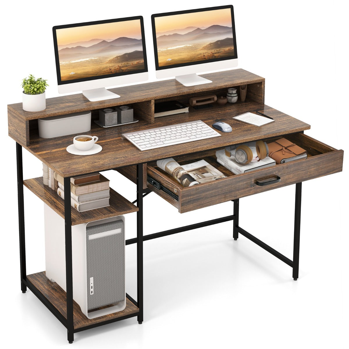 Bureau Ordinateur, Bureau Informatique, Bureau Moderne, Table de Bureau, Poste de Travail, Marron, Costway, 5