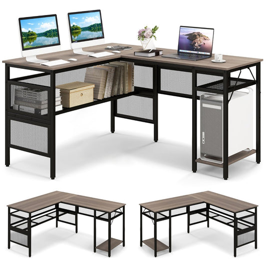 Table, Bureau d'Angle, Grand Bureau, Table de Bureau, Bureau en L, Poste de Travail, Bureau d'Etudes, Gris, Costway, 1