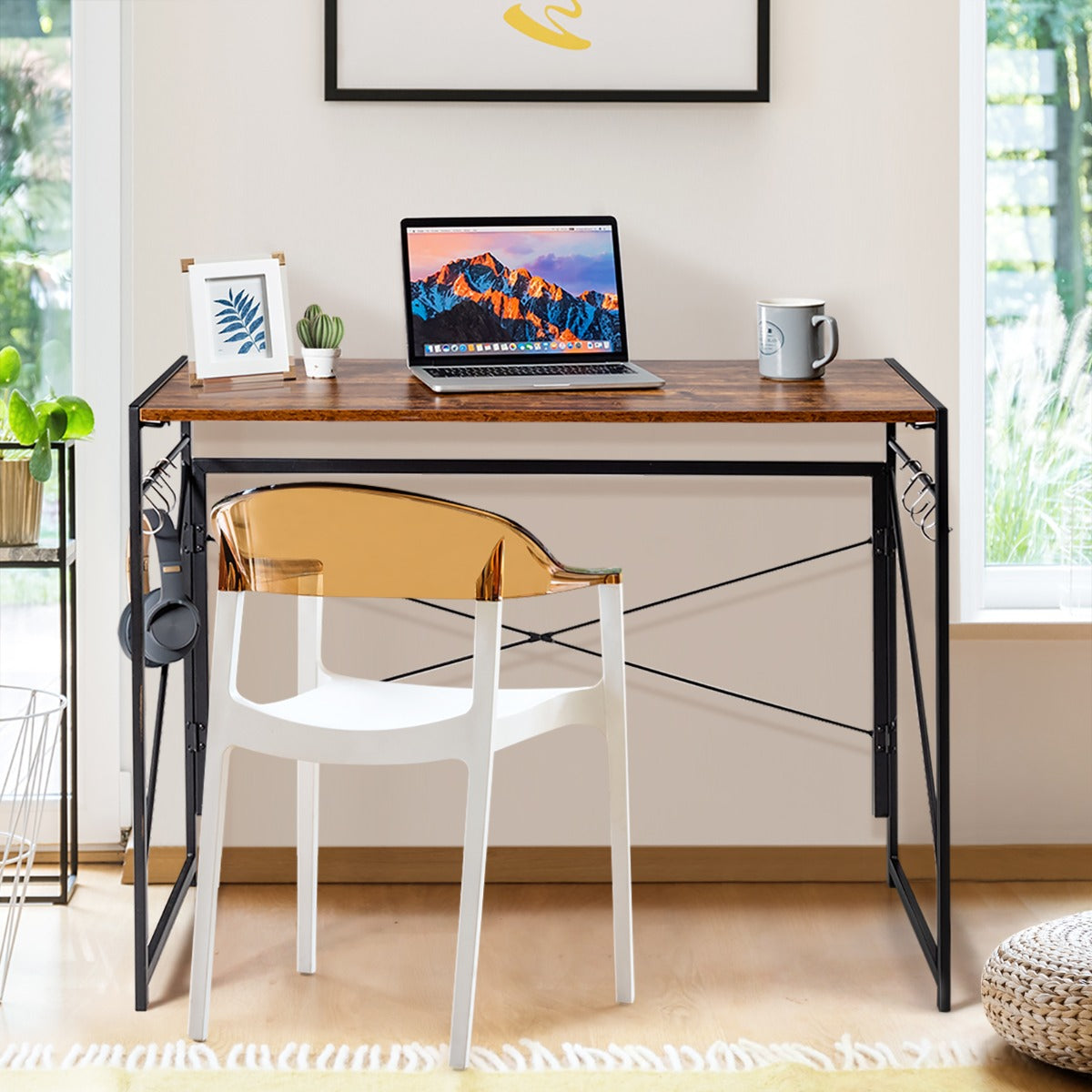 Bureau Pliable, Bureau Ordinateur, Bureau Informatique, Bureau Moderne, Table de Bureau, Poste de Travail, Café, Costway, 2