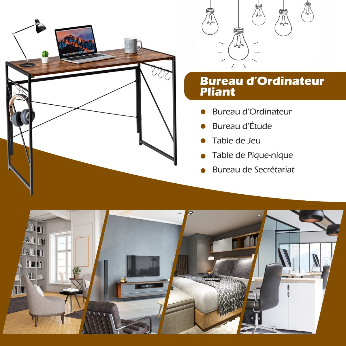 Bureau Pliable, Bureau Ordinateur, Bureau Informatique, Bureau Moderne, Table de Bureau, Poste de Travail, Café, Costway, 8