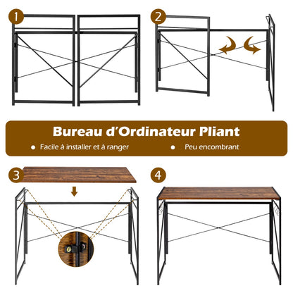 Bureau Pliable, Bureau Ordinateur, Bureau Informatique, Bureau Moderne, Table de Bureau, Poste de Travail, Café, Costway, 6