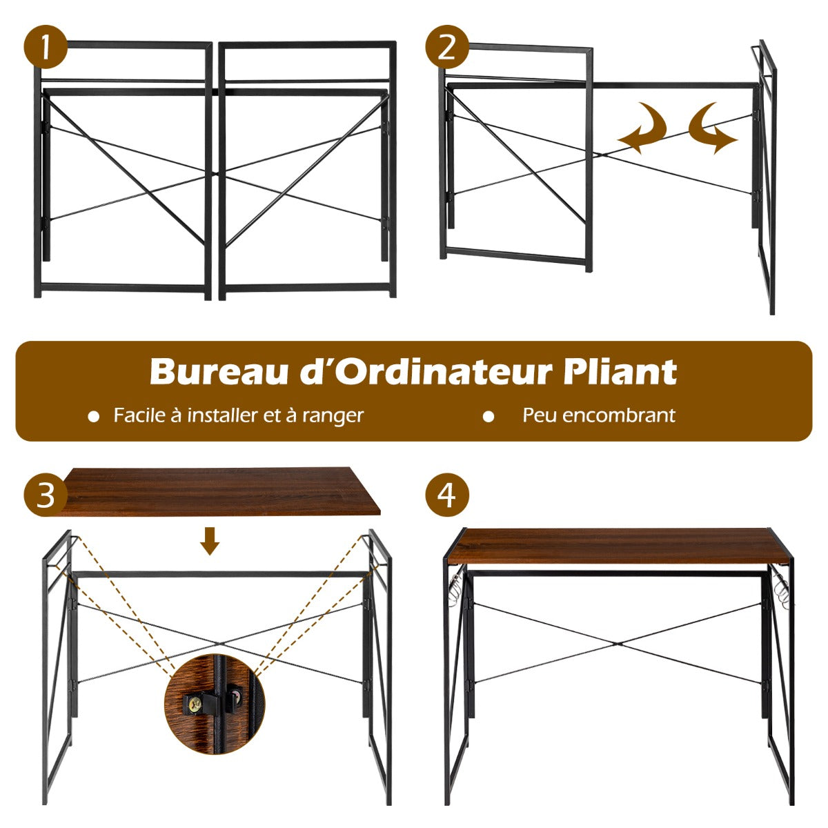 Bureau Pliable, Bureau Ordinateur, Bureau Informatique, Bureau Moderne, Table de Bureau, Poste de Travail, Costway, 6