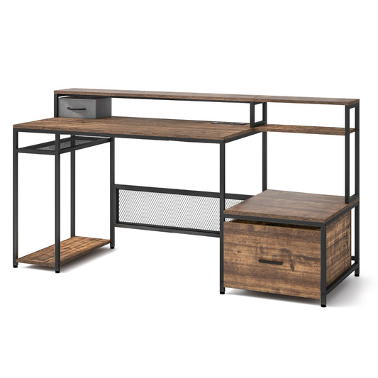 Table, Bureau Ordinateur de 170 Cm, Table de Bureau avec Support pour Ecran, Poste de Travail avec Prises, Costway, 1