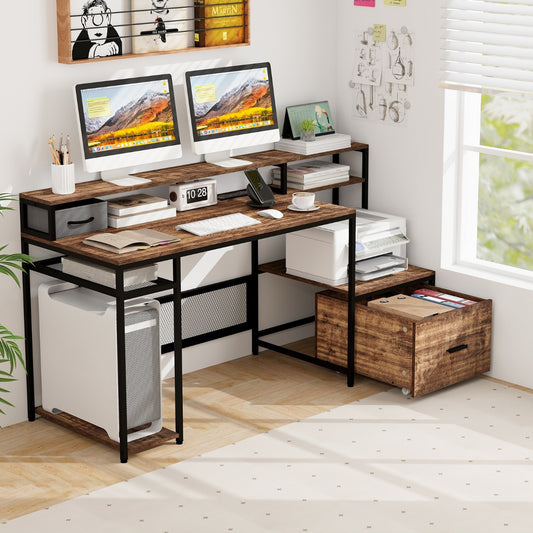 Table, Bureau Ordinateur de 170 Cm, Table de Bureau avec Support pour Ecran, Poste de Travail avec Prises, Costway, 2