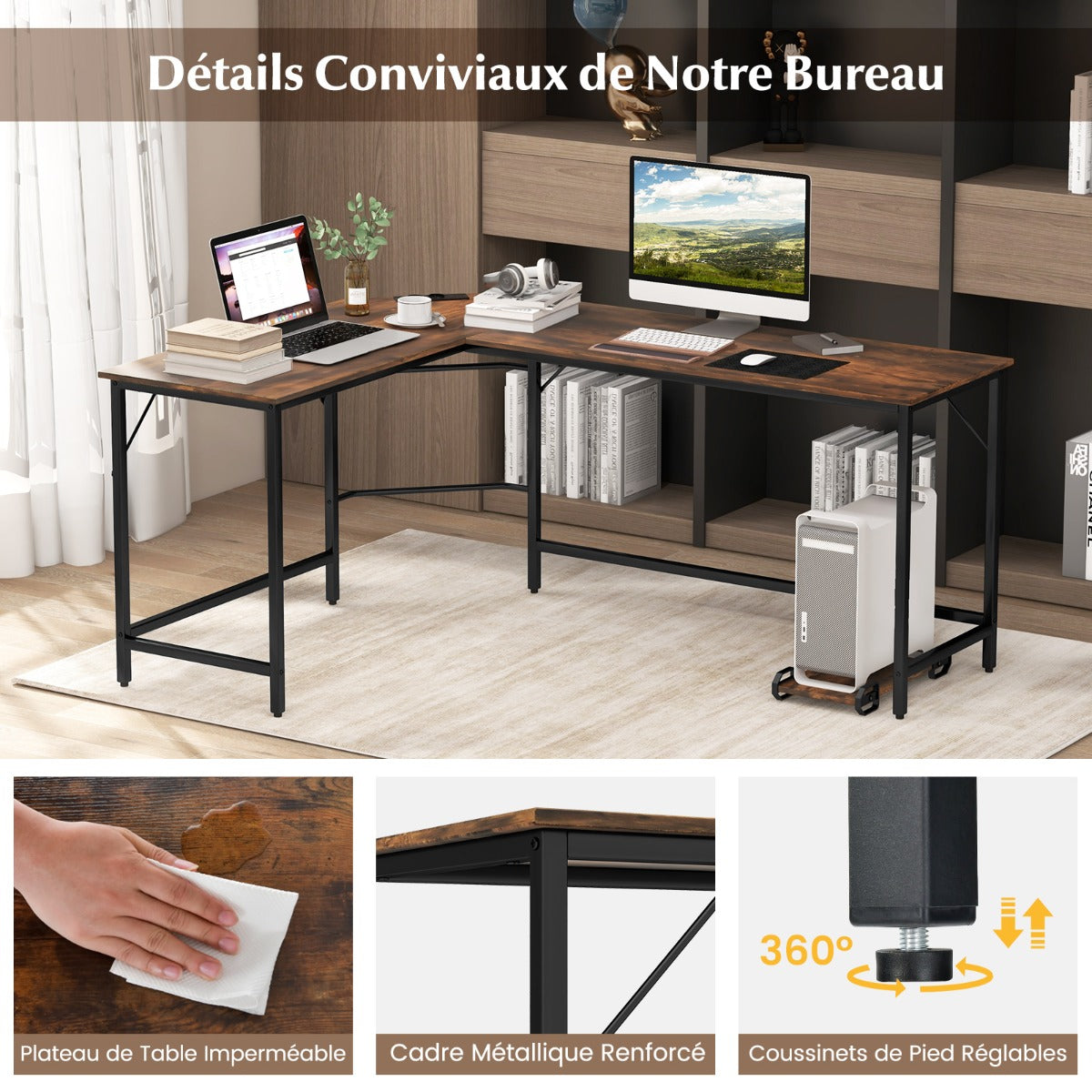 Table, Bureau d'Angle de 168 cm, Table de Bureau, Bureau en L avec Support UC, Poste de Travail, Marron, Costway, 4