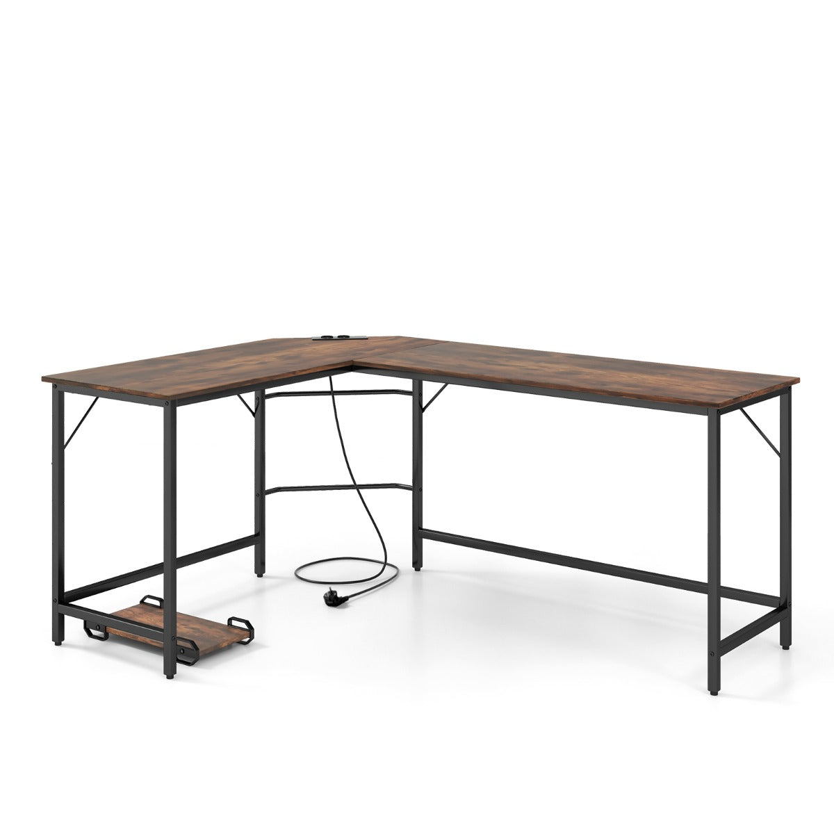 Table, Bureau d'Angle de 168 cm, Table de Bureau, Bureau en L avec Support UC, Poste de Travail, Marron, Costway, 1