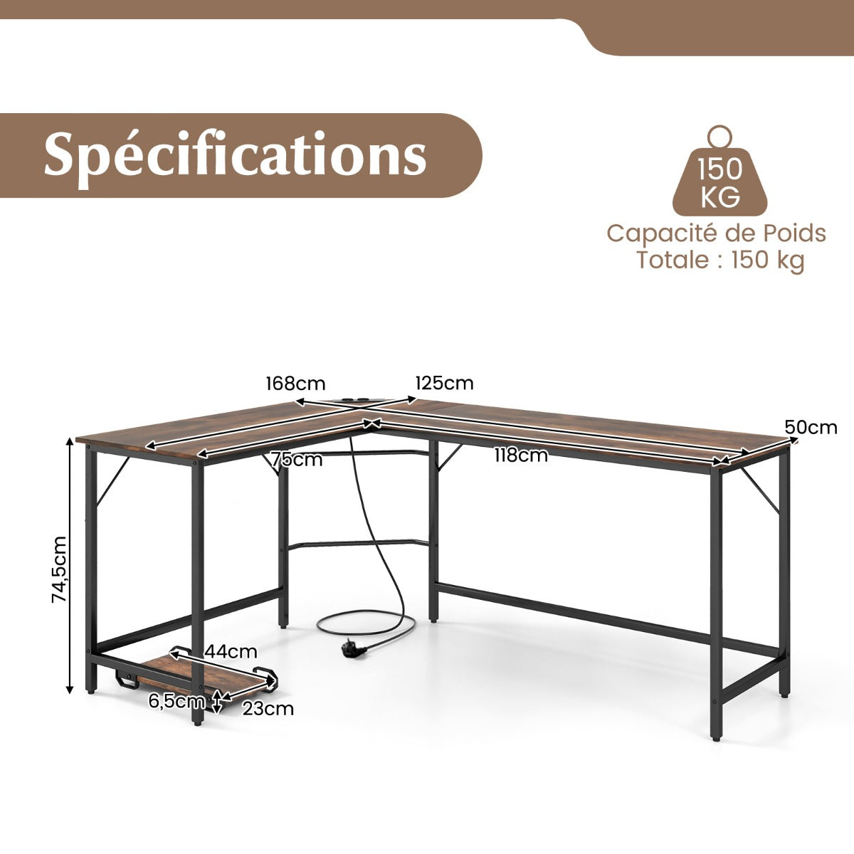 Table, Bureau d'Angle de 168 cm, Table de Bureau, Bureau en L avec Support UC, Poste de Travail, Marron, Costway, 8