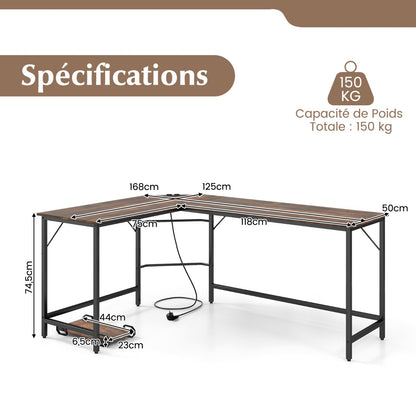 Table, Bureau d'Angle de 168 cm, Table de Bureau, Bureau en L avec Support UC, Poste de Travail, Marron, Costway, 8