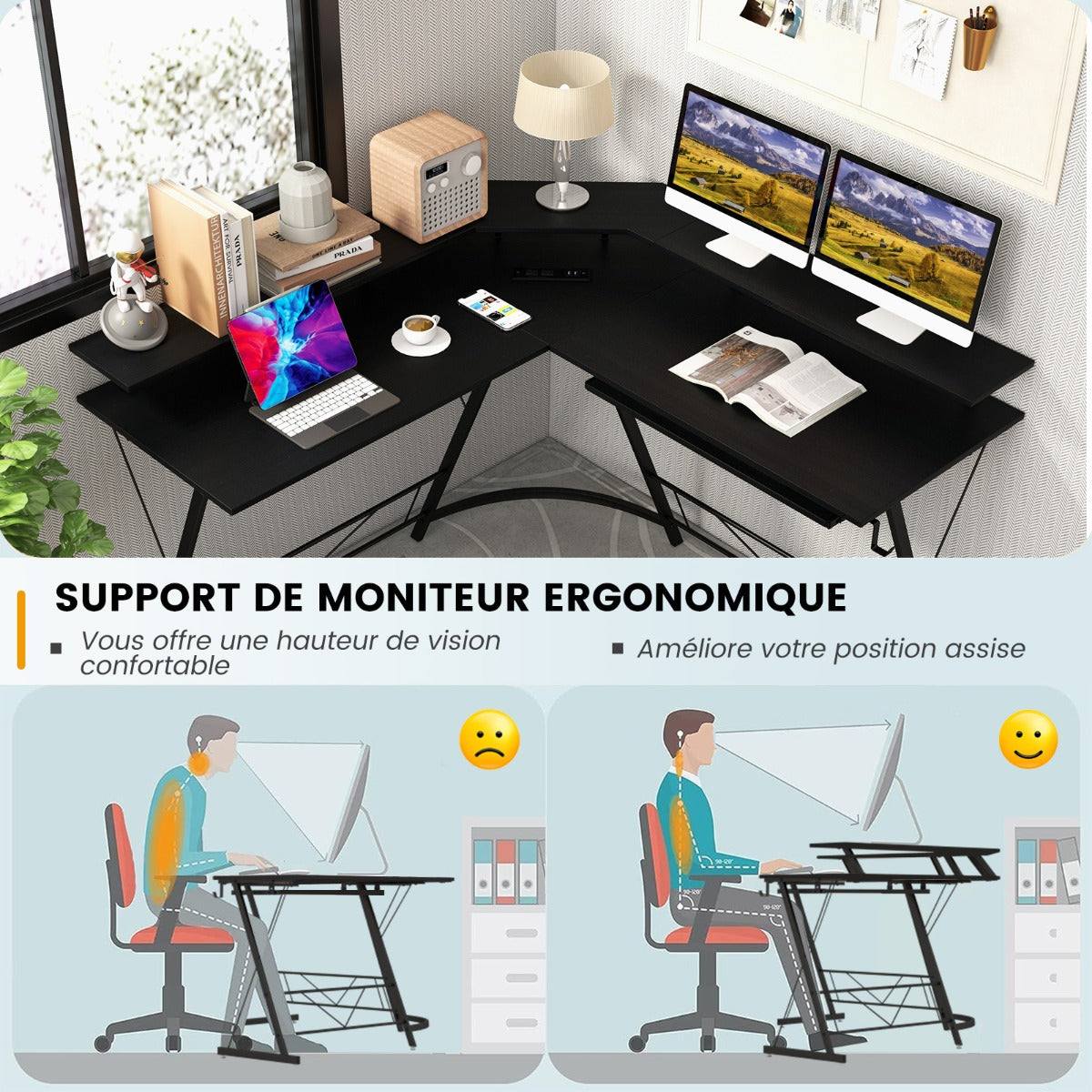Bureau d'Angle, Bureau en L, Bureau Ordinateur, Bureau Informatique, Grand Bureau, Bureau Moderne, Costway, 6