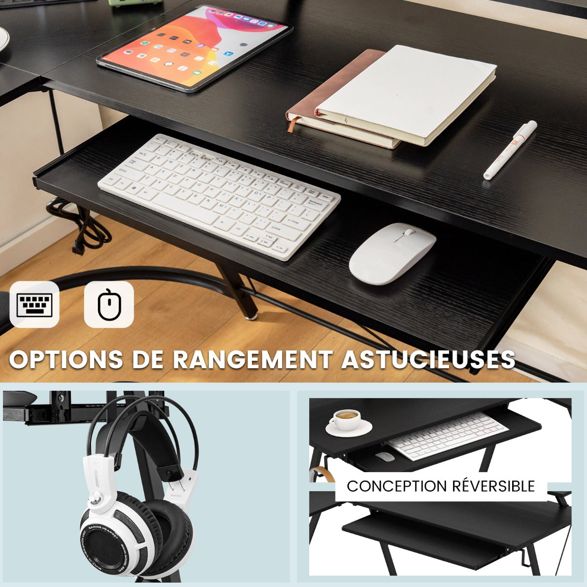 Bureau d'Angle, Bureau en L, Bureau Ordinateur, Bureau Informatique, Grand Bureau, Bureau Moderne, Costway, 5