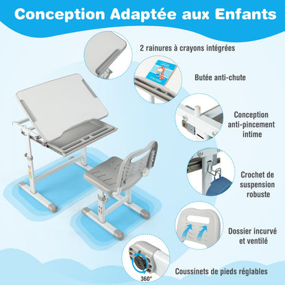 Bureau Enfant, Chaise Enfant, Table et Chaise Enfant, Bureau Enfant Primaire à Hauteur Réglable Inclinable 0-45°, Gris, Costway, 3