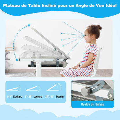 Bureau Enfant, Chaise Enfant, Table et Chaise Enfant, Bureau Enfant Primaire à Hauteur Réglable Inclinable 0-45°, Gris, Costway, 4