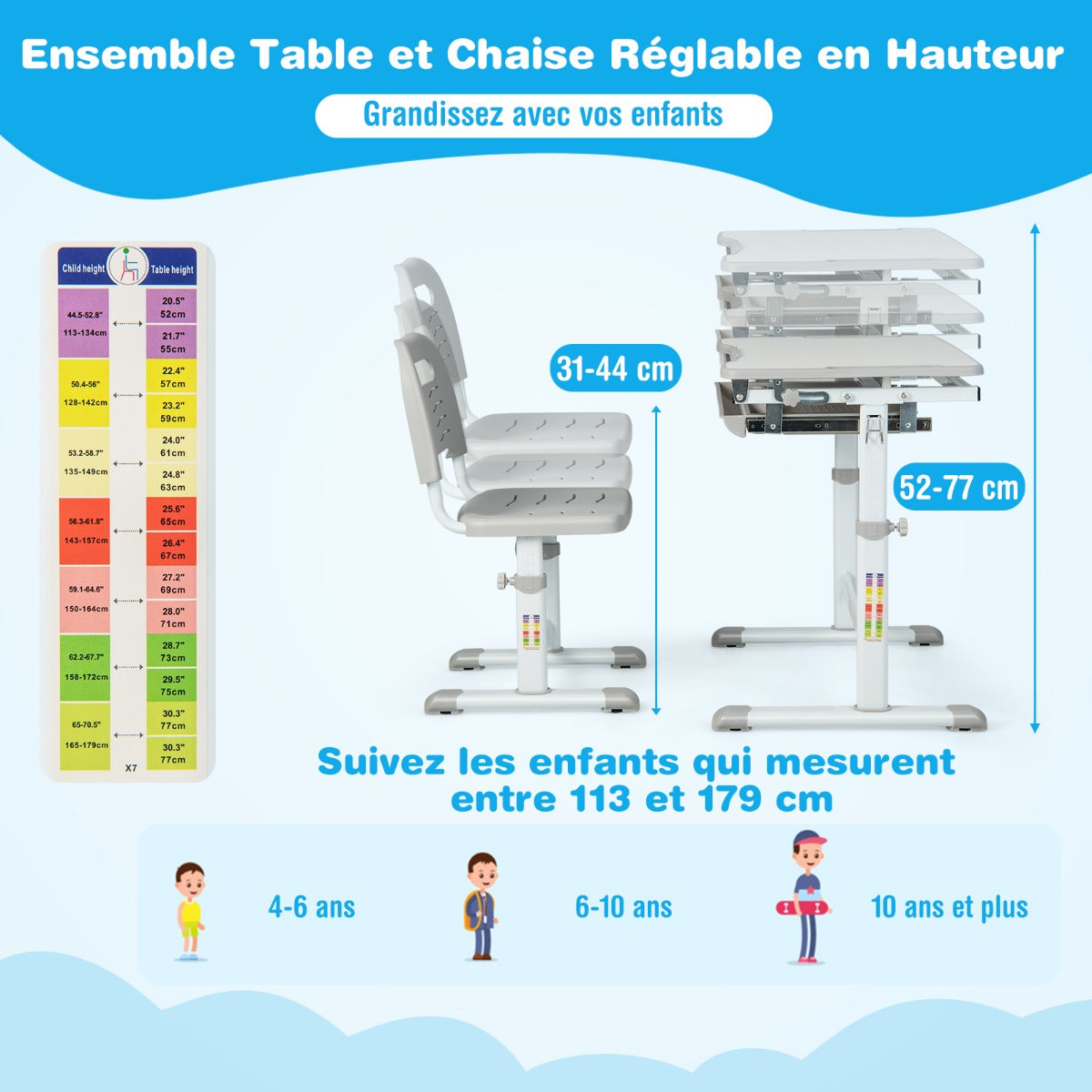 Bureau Enfant, Chaise Enfant, Table et Chaise Enfant, Bureau Enfant Primaire à Hauteur Réglable Inclinable 0-45°, Gris, Costway, 5