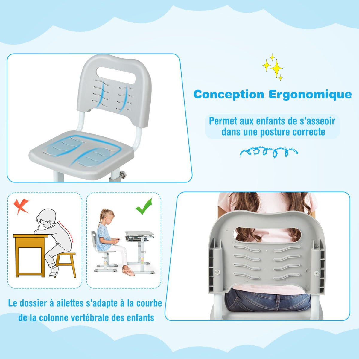 Bureau Enfant, Chaise Enfant, Table et Chaise Enfant, Bureau Enfant Primaire à Hauteur Réglable Inclinable 0-45°, Gris, Costway, 6