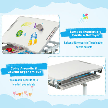 Bureau Enfant, Chaise Enfant, Table et Chaise Enfant, Bureau Enfant Primaire à Hauteur Réglable Inclinable 0-45°, Gris, Costway, 7