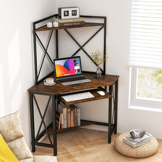 Bureau d'Angle, Bureau Ordinateur, Bureau Informatique, Bureau Moderne, Table de Bureau, Marron, Costway, 2