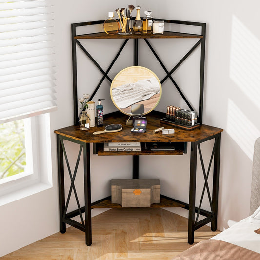 Bureau d'Angle, Bureau Ordinateur, Bureau Informatique, Bureau Moderne, Table de Bureau, Marron, Costway, 3