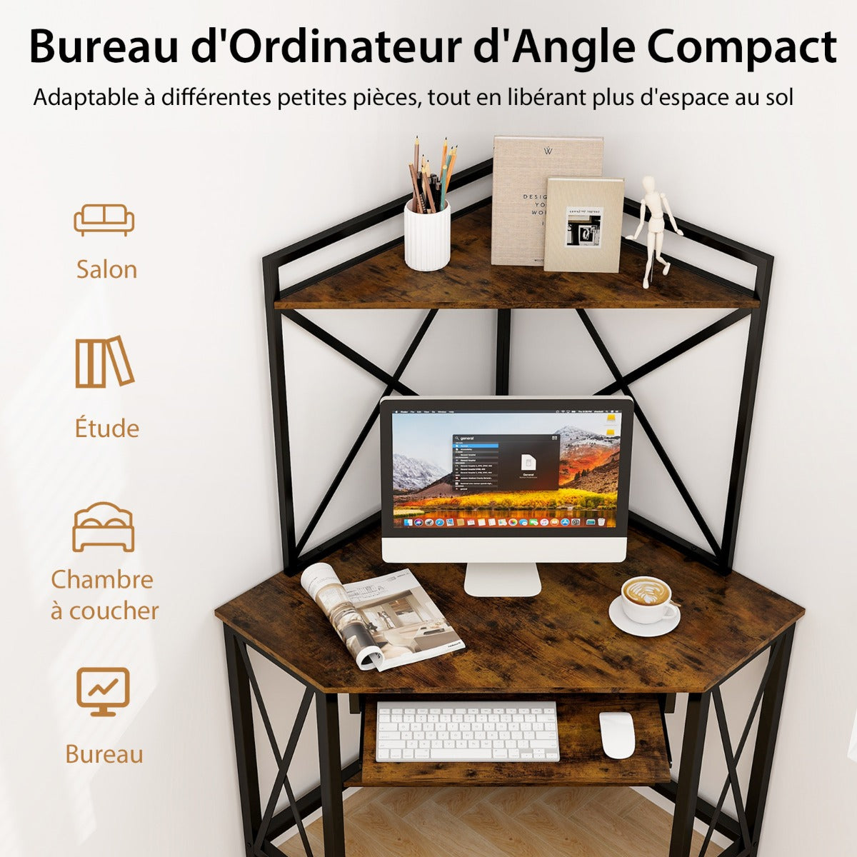 Bureau d'Angle, Bureau Ordinateur, Bureau Informatique, Bureau Moderne, Table de Bureau, Marron, Costway, 7