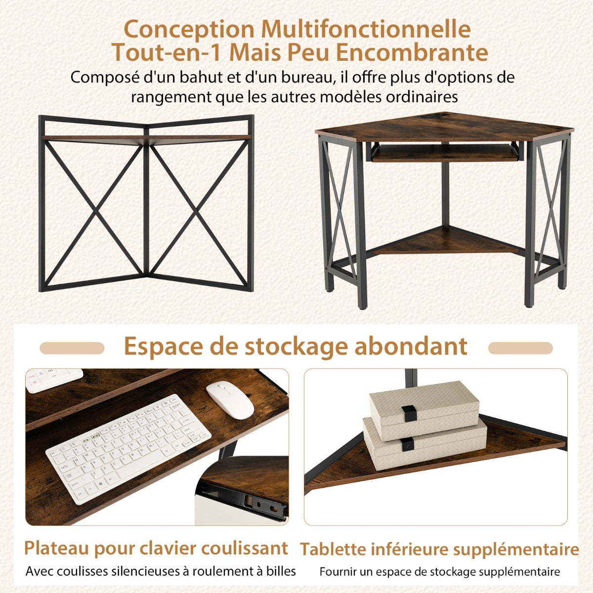 Bureau d'Angle, Bureau Ordinateur, Bureau Informatique, Bureau Moderne, Table de Bureau, Marron, Costway, 5