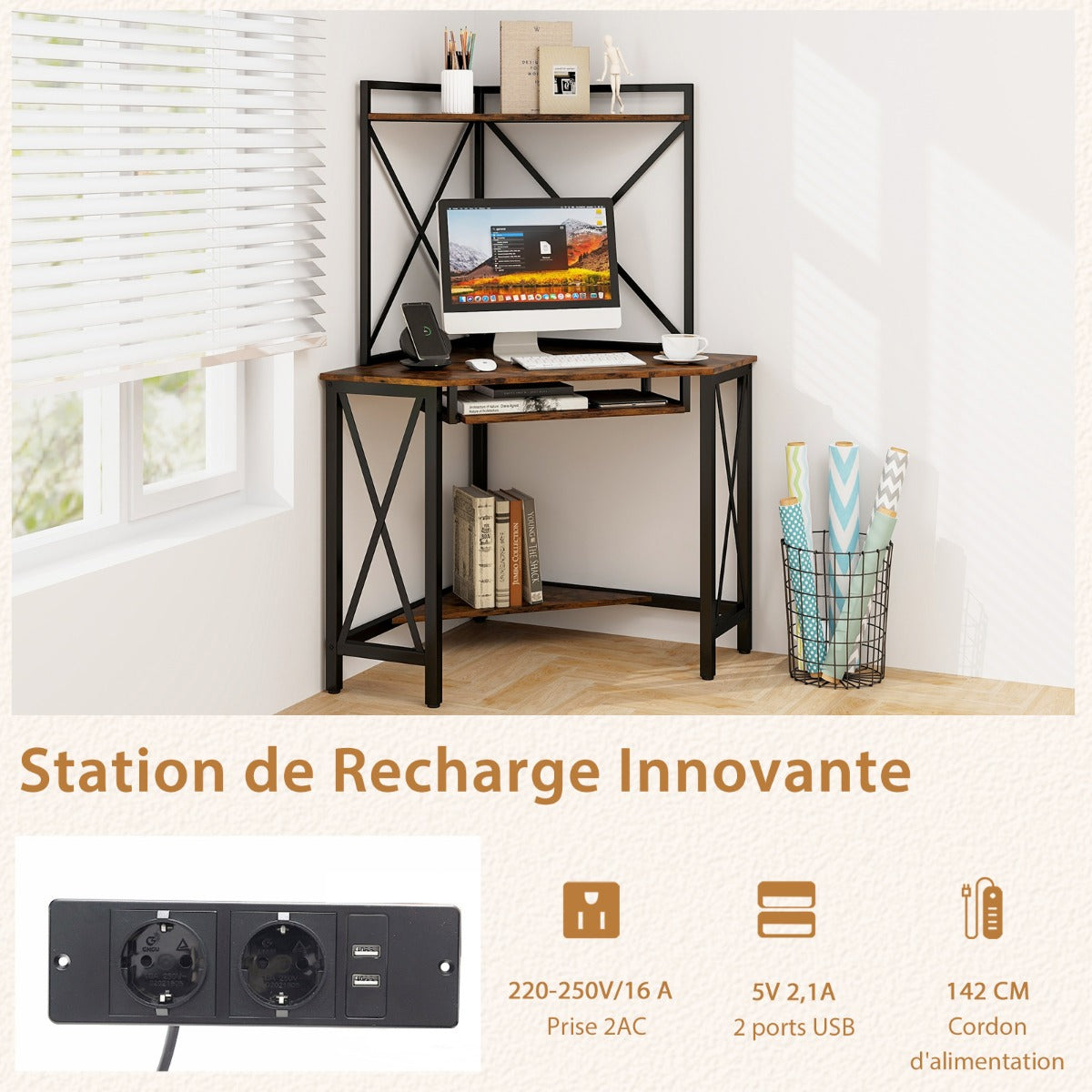 Bureau d'Angle, Bureau Ordinateur, Bureau Informatique, Bureau Moderne, Table de Bureau, Marron, Costway, 6