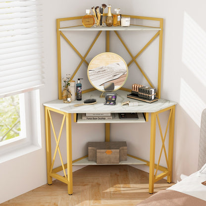 Bureau d'Angle, Bureau Ordinateur, Bureau Informatique, Bureau Moderne, Table de Bureau, Or et Blanc, Costway, 2