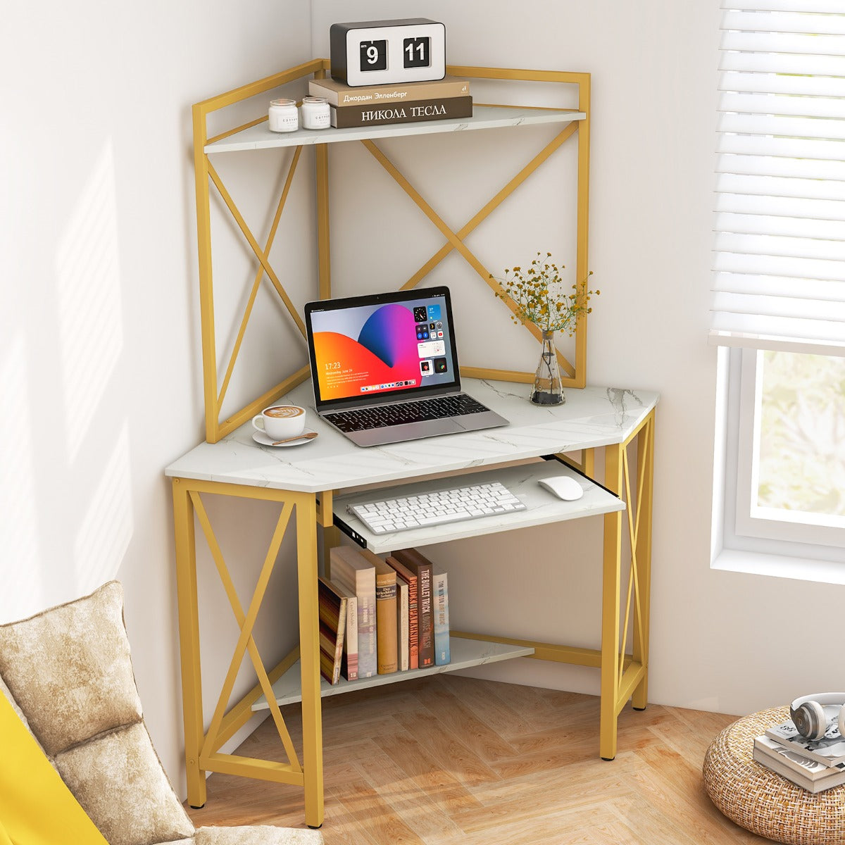 Bureau d'Angle, Bureau Ordinateur, Bureau Informatique, Bureau Moderne, Table de Bureau, Or et Blanc, Costway, 3