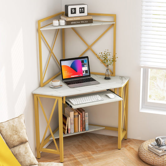 Bureau d'Angle, Bureau Ordinateur, Bureau Informatique, Bureau Moderne, Table de Bureau, Or et Blanc, Costway, 3