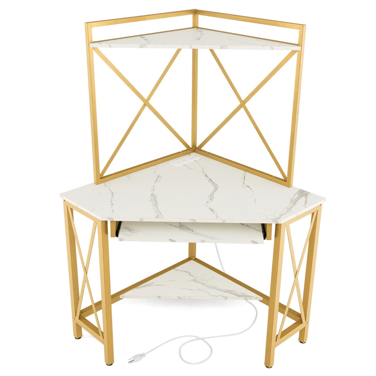 Bureau d'Angle, Bureau Ordinateur, Bureau Informatique, Bureau Moderne, Table de Bureau, Or et Blanc, Costway, 1