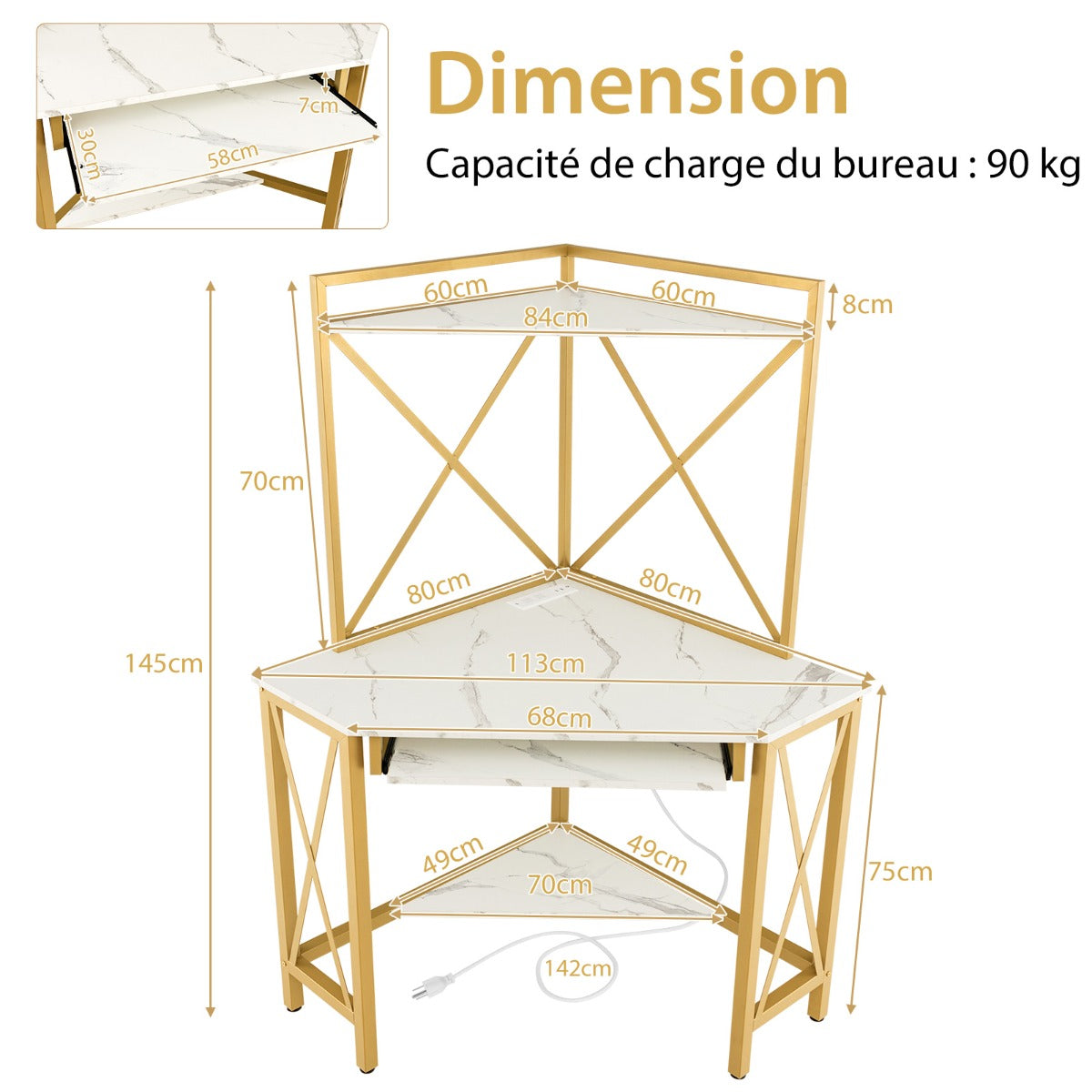 Bureau d'Angle, Bureau Ordinateur, Bureau Informatique, Bureau Moderne, Table de Bureau, Or et Blanc, Costway, 8