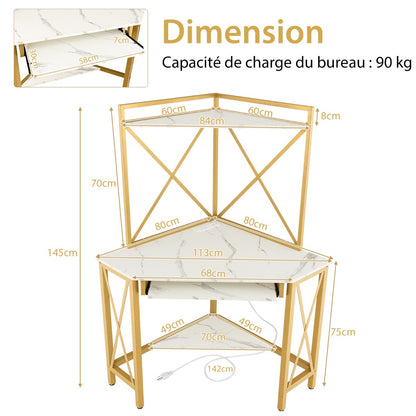 Bureau d'Angle, Bureau Ordinateur, Bureau Informatique, Bureau Moderne, Table de Bureau, Or et Blanc, Costway, 8