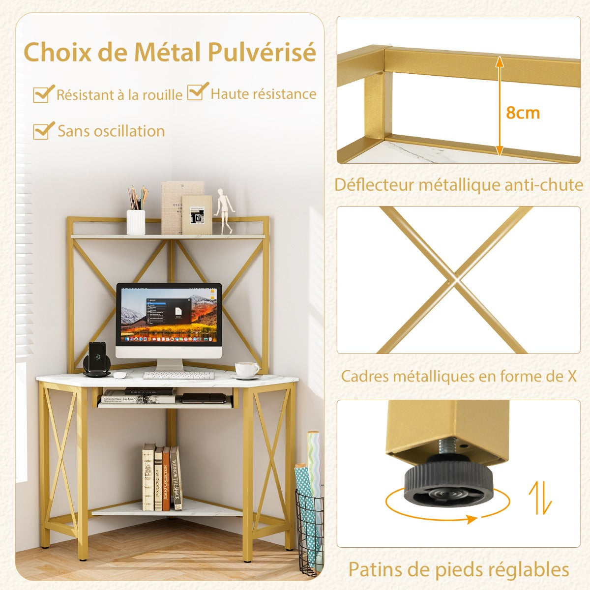 Bureau d'Angle, Bureau Ordinateur, Bureau Informatique, Bureau Moderne, Table de Bureau, Or et Blanc, Costway, 4