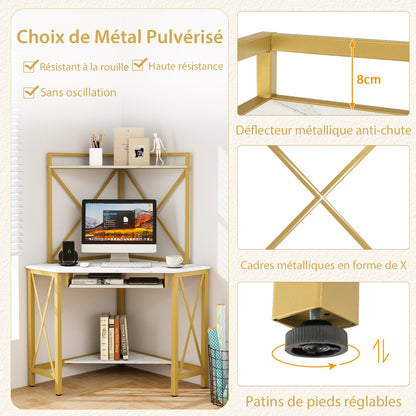 Bureau d'Angle, Bureau Ordinateur, Bureau Informatique, Bureau Moderne, Table de Bureau, Or et Blanc, Costway, 4