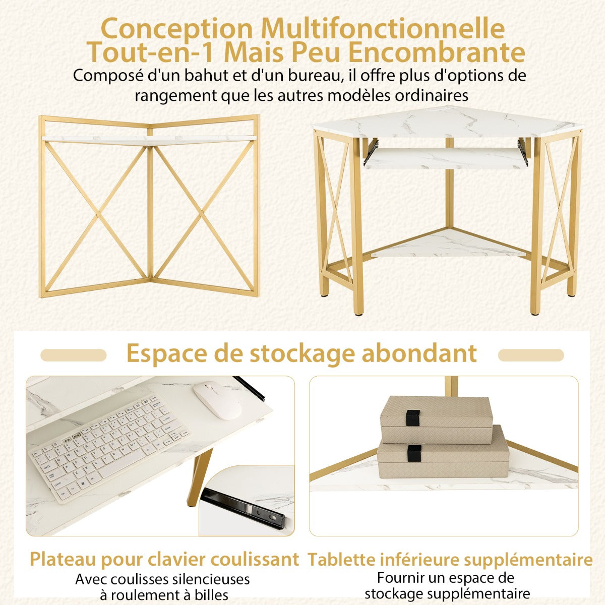 Bureau d'Angle, Bureau Ordinateur, Bureau Informatique, Bureau Moderne, Table de Bureau, Or et Blanc, Costway, 5