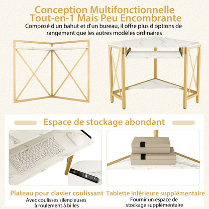 Bureau d'Angle, Bureau Ordinateur, Bureau Informatique, Bureau Moderne, Table de Bureau, Or et Blanc, Costway, 5