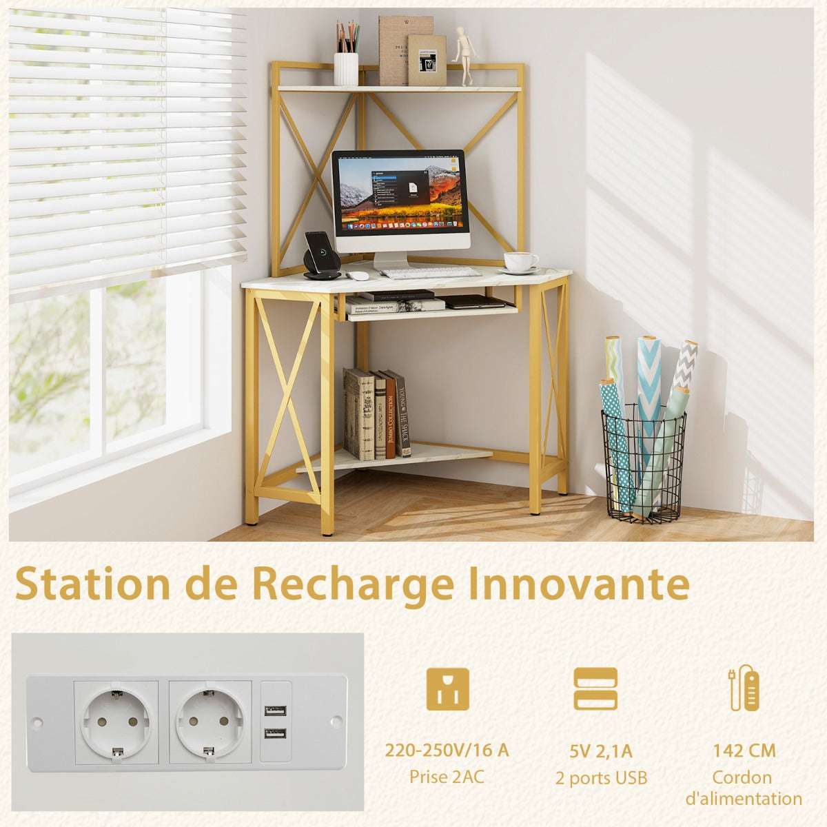 Bureau d'Angle, Bureau Ordinateur, Bureau Informatique, Bureau Moderne, Table de Bureau, Or et Blanc, Costway, 6