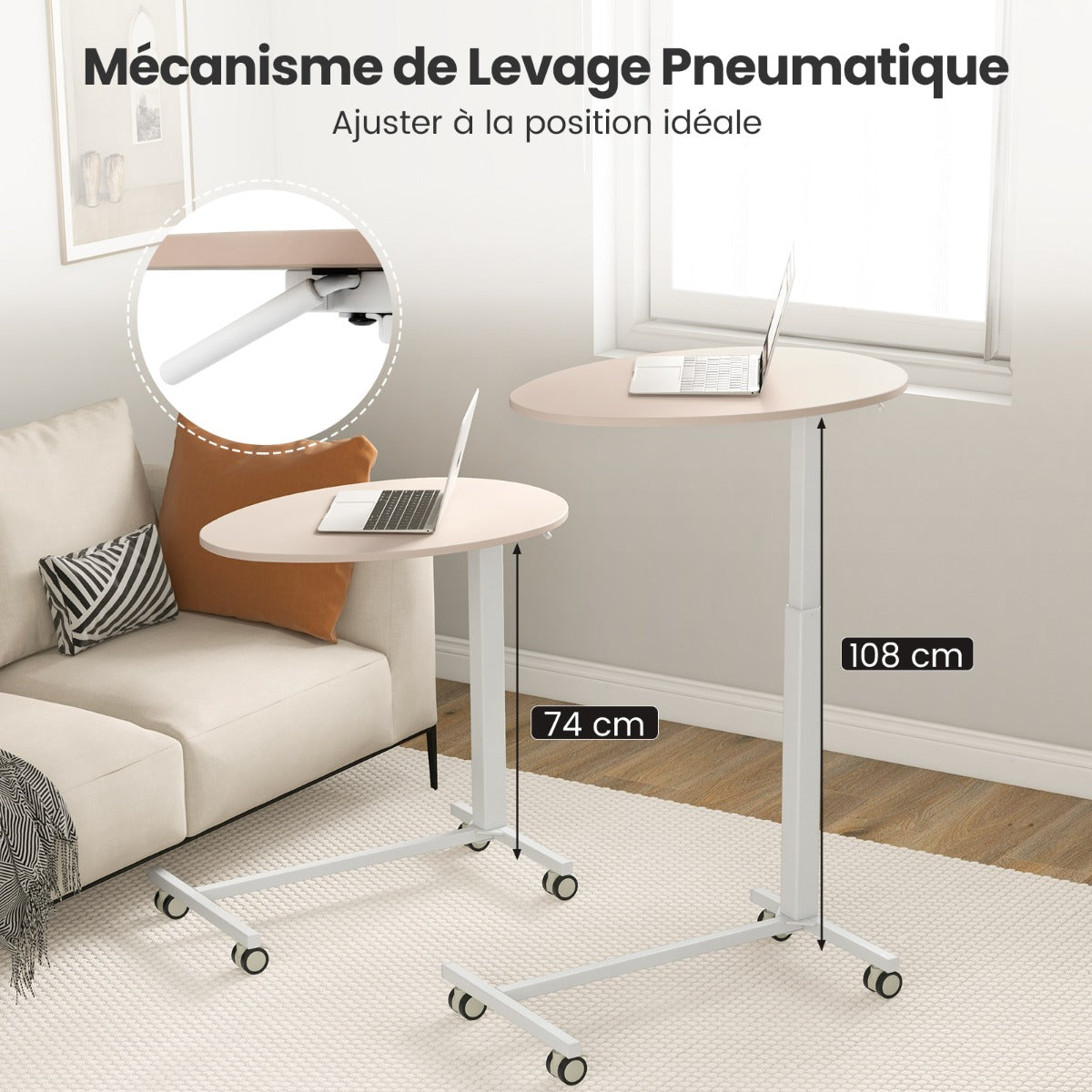 Table pour ordinateur portable mobile, bureau réglable en hauteur 74-108 cm, 4 roulettes, Petit Bureau, Costway, 5