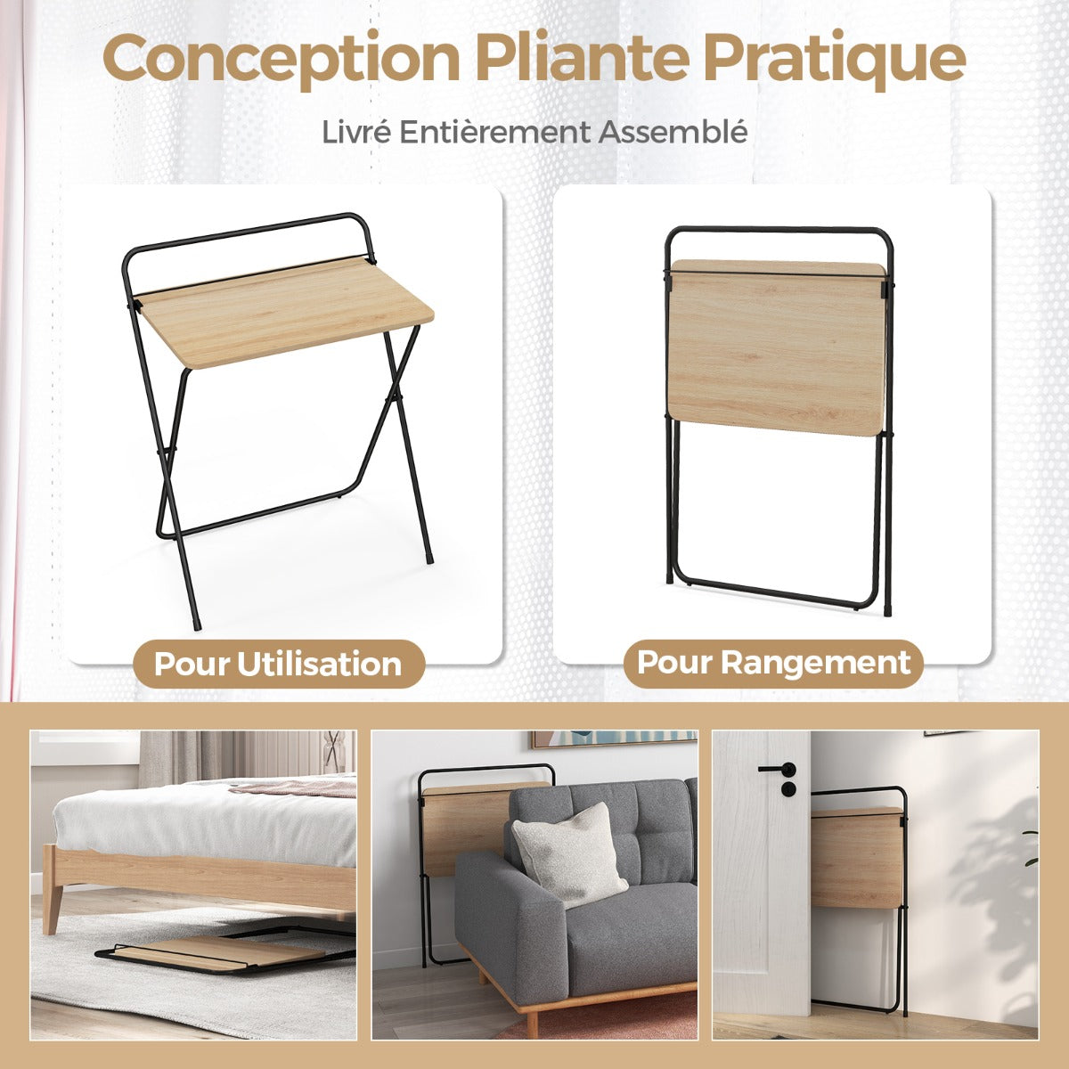 Petit Bureau de 60 сm, Bureau Pliable, Bureau Ordinateur, Bureau Informatique, Table de Bureau, Naturel, Costway, 8