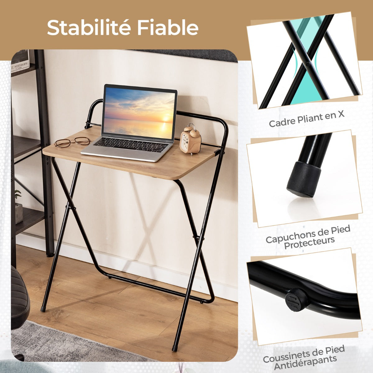 Petit Bureau de 60 сm, Bureau Pliable, Bureau Ordinateur, Bureau Informatique, Table de Bureau, Naturel, Costway, 5