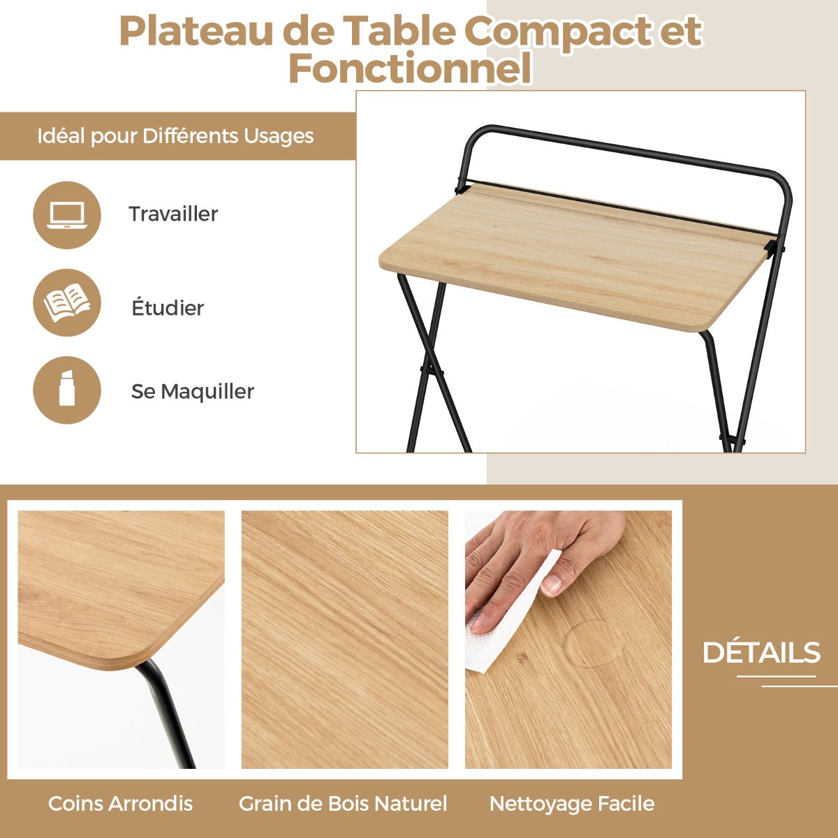 Petit Bureau de 60 сm, Bureau Pliable, Bureau Ordinateur, Bureau Informatique, Table de Bureau, Naturel, Costway, 6
