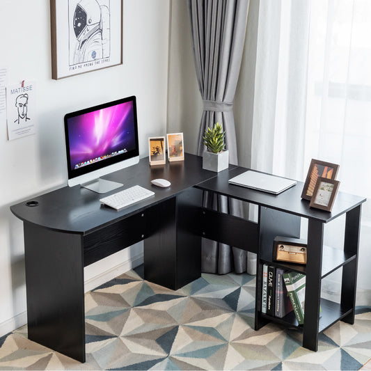 Bureau d'Angle, Bureau en L, Bureau Ordinateur, Bureau Informatique, Bureau Moderne, Table de Bureau, Noir, Costway, 2