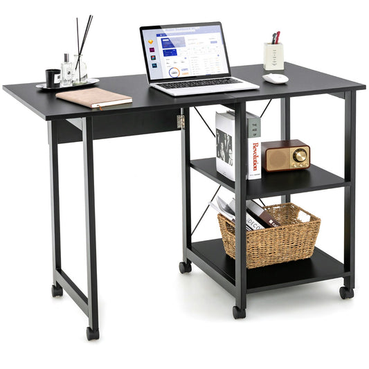 Table, Petit Bureau, Bureau Pliable, Bureau Ordinateur, Table de Bureau, Poste de Travail avec 6 Roulettes, Noir, Costway, 1