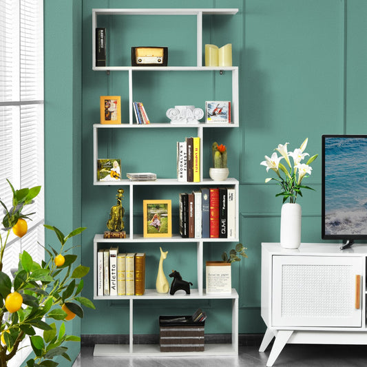 Étagère Bibliothèque, 6 Niveaux, Etagere de Rangement, Etagere Colonne, Etagere Salon, Forme de S, Blanc, Costway, 2