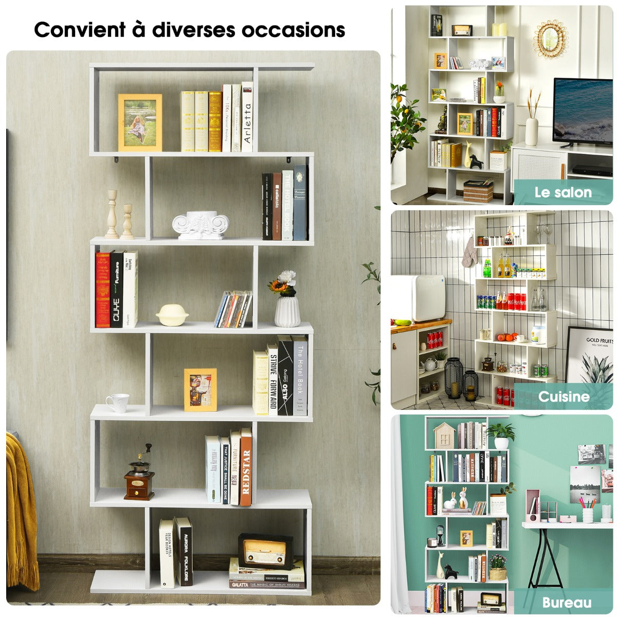 Étagère Bibliothèque, 6 Niveaux, Etagere de Rangement, Etagere Colonne, Etagere Salon, Forme de S, Blanc, Costway, 6