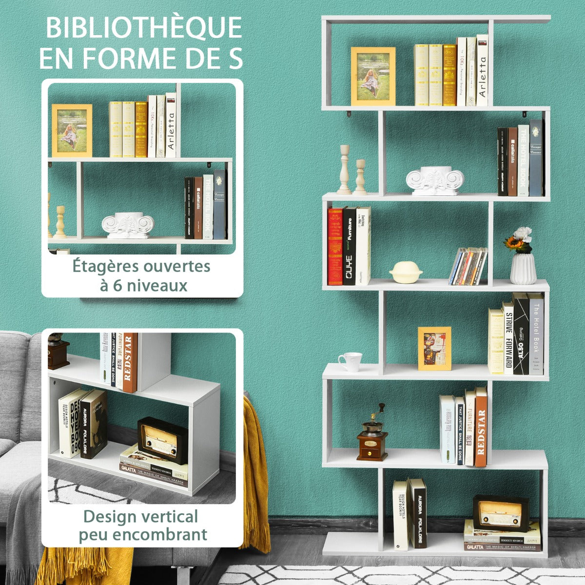 Étagère Bibliothèque, 6 Niveaux, Etagere de Rangement, Etagere Colonne, Etagere Salon, Forme de S, Blanc, Costway, 5