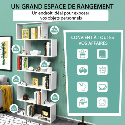 Étagère Bibliothèque, 6 Niveaux, Etagere de Rangement, Etagere Colonne, Etagere Salon, Forme de S, Blanc, Costway, 8