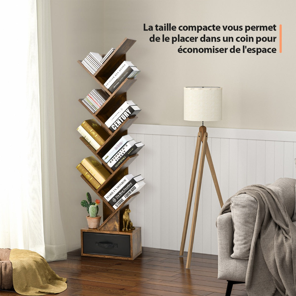 Étagère Bibliothèque, Etagere Colonne, Etagere Salon, Etagere de Rangement, 10 Niveaux avec Tiroir, Brun Rustique, Costway, 6