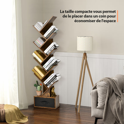 Étagère Bibliothèque, Etagere Colonne, Etagere Salon, Etagere de Rangement, 10 Niveaux avec Tiroir, Brun Rustique, Costway, 6