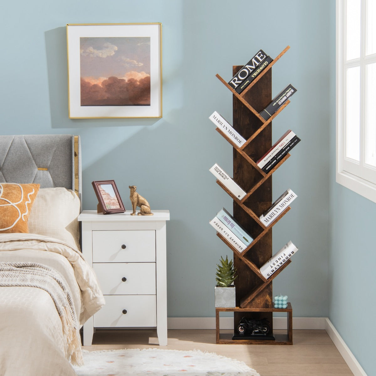 Étagère Bibliothèque, Etagere Colonne, Etagere Salon, Etagere de Rangement, 10 Niveaux avec Tiroir, Brun Rustique, Costway, 4