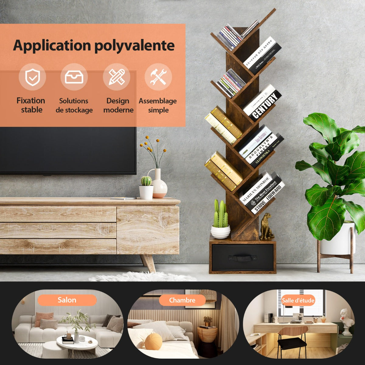 Étagère Bibliothèque, Etagere Colonne, Etagere Salon, Etagere de Rangement, 10 Niveaux avec Tiroir, Brun Rustique, Costway, 8